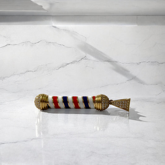 14K Yellow Gold Barber Pole Icon Pendant With Zircons / 6.5gr