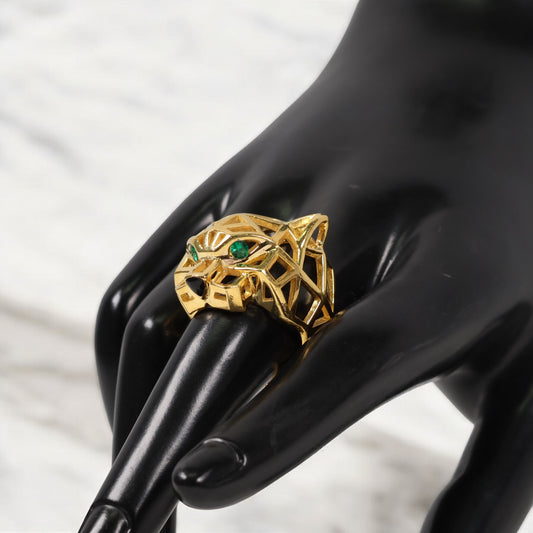 10K YG Panther Rings / 15.1gr / Sz 6 3/4 / Green Zircons