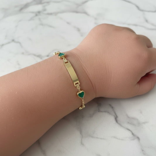 14K YG Baby Roll-on Name Plate With Green Heart Bracelet / 1.86gr / 2mm / 6in /