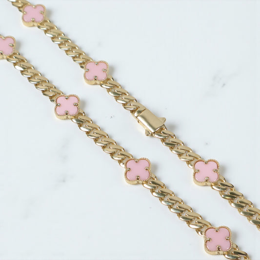 14K YG Monaco Cuban Link - Pink Clovers Chain / 28.7gr / 6mm / 18in /