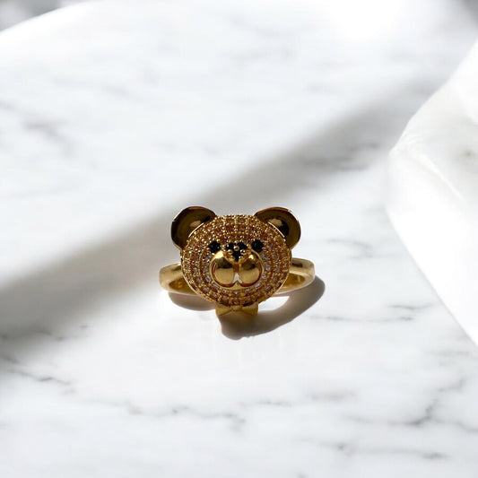 18K Yellow Gold Bear Ring With White/Black Zircons / 5gr / Size 8