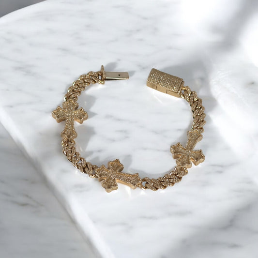10K YG Bustdown-Crosses Bracelet / 29gr / 7.5mm / 8in / 2.62Ct Dia