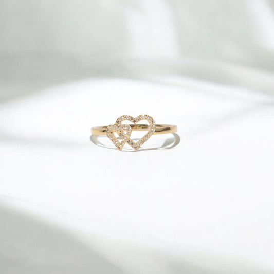 10K YG Diamond Double Heart Rings / 1.37gr / Sz 7 / 0.14Wt Dia