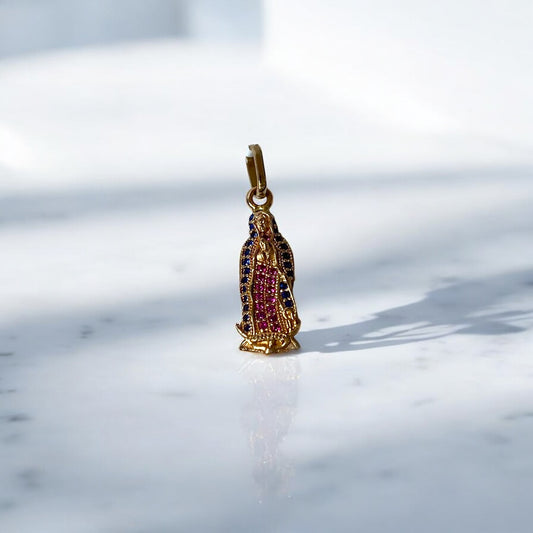 18K Yellow Gold Virgen De Guadalupe Pendant With Fucshia/Blue Zircons / 1.7gr