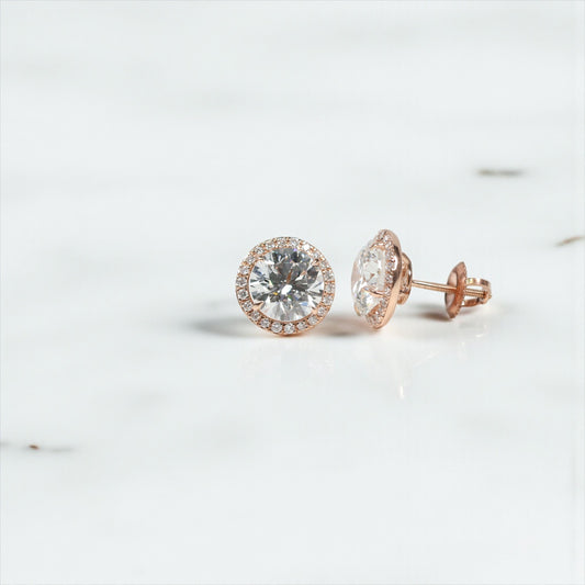 14K RG Diamond Solitaire Round With Certificate Stud Earrings / 2.71gr / 10mm / RD 4.09Ct - D 0.27Ct