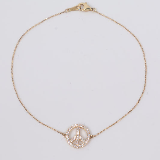 14K YG Symbol Of Peace And Love Bracelet / 1.5gr / 0.4mm / 8in / White Zircons