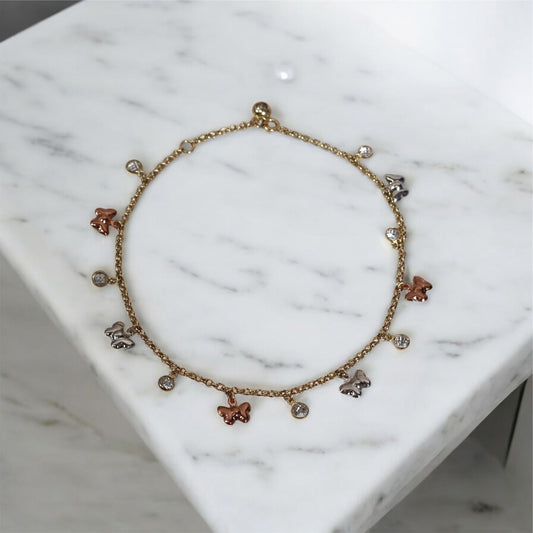 14K 2 Tone Roll On Butterfly Anklet / 3.74gr / 10in