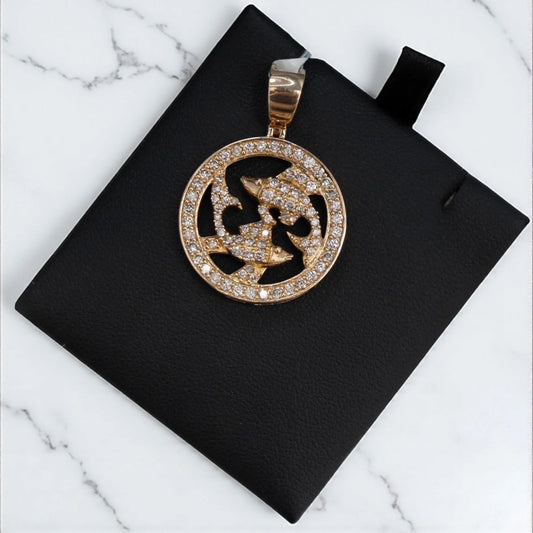 Pisces Sign Pendant 10K Yellow Gold With Diamond / 1.64Ct Dia / 6.2gr