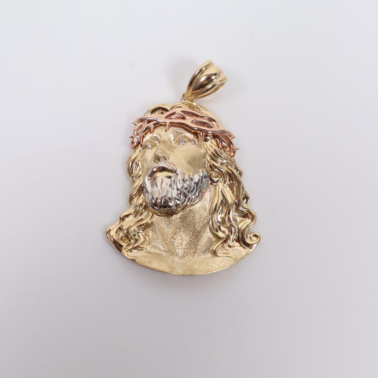 14K 3 Tone Medium Jesus Face Pendant / 6.6gr / 2.5in /