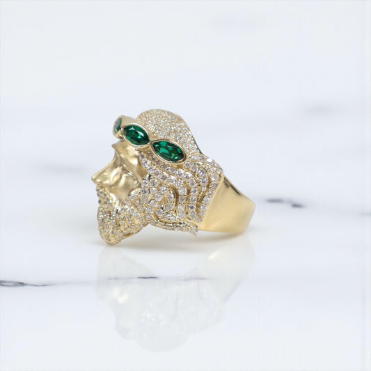 10K YG Diamond Jesus Face With Emerald Rings / 16.77gr / Sz 10 / Eme-1.75Ct / D-2Ct