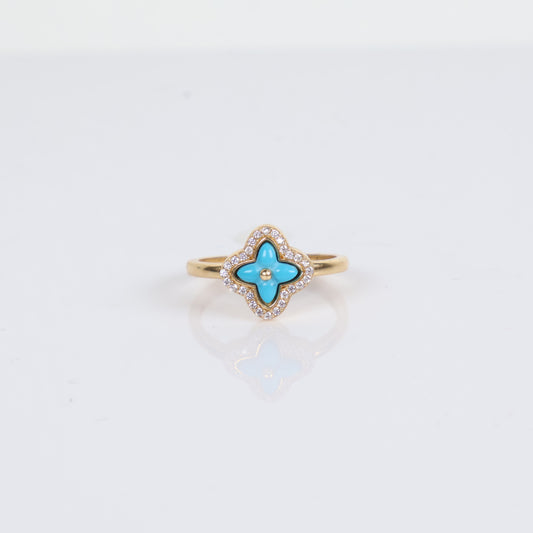 14K Yellow Gold Blue Flower Ring With Zirconia / 2gr / Size 8