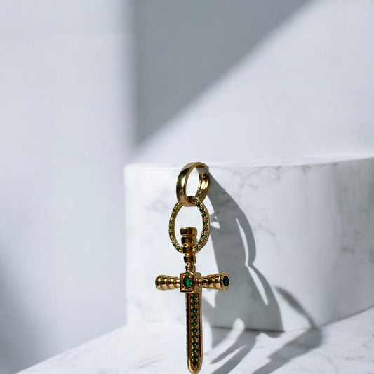 18K Yellow Gold Sword Pendant With Green Zircons / 7gr / 2in