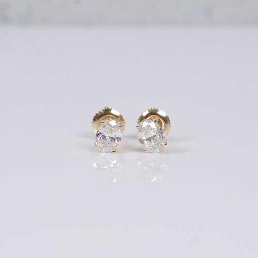 14K YG Lab Diamond Oval Cut Stud Earrings / 0.91gr / 6mm / 1 CTTW Lab VS / E-F