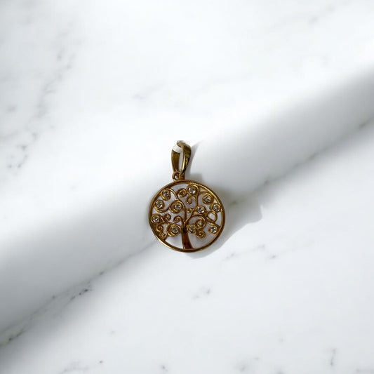 18K Yellow Gold Tree Of Life Pendant With Zircons / 1.11gr / 0.8in
