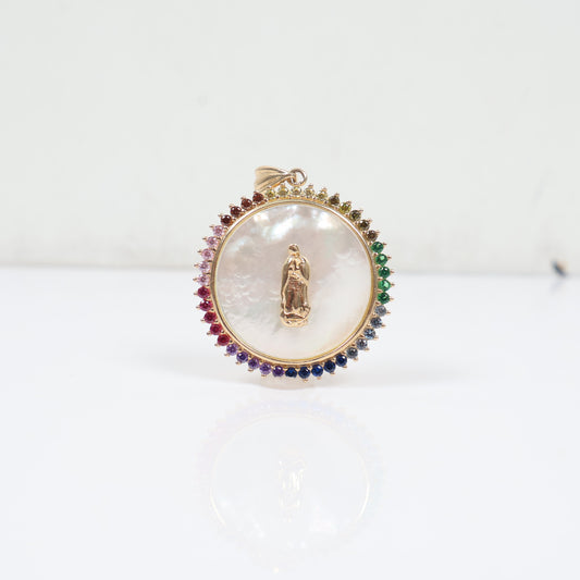 14K YG Virgin Of Guadalupe Pendant / 4.25gr / 1in / Colored Zircons