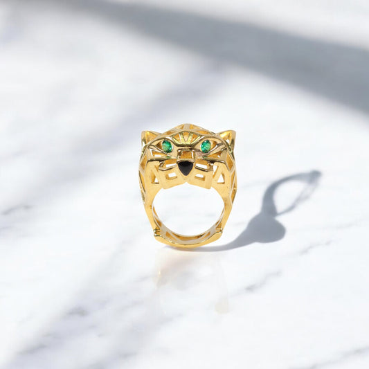 10K YG Panther Rings / 15.1gr / Sz 6 3/4 / Green Zircons