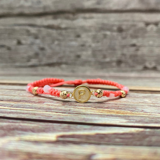18K Yellow Gold Tejida Letter P With Pink Resin- Diamond Cut Balls Bracelet Adjustable / 1gr