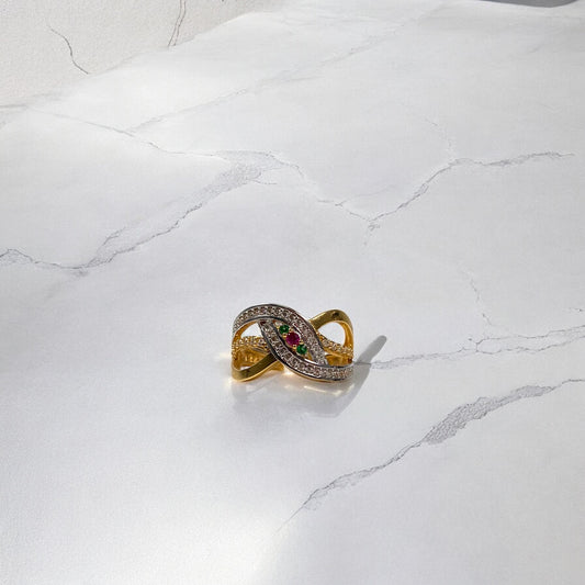 18K Yellow - White Gold Spiral Ring With Fucshia/Green/White Zircons / 4.6gr / Size 6.5