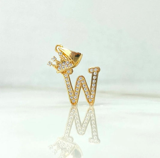 18K Yellow Gold Letter W With Crown Pendant With Zircons / 1.91gr / 1in