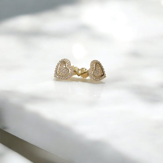14K YG Luxury Heart Stud Earrings / 1.87gr / 10mm /