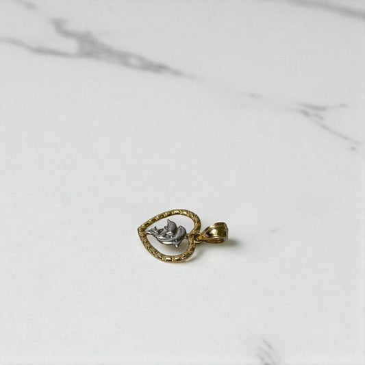 14K Yellow - White Gold Heart-Dolphin Pendant / 1gr / 0.8in