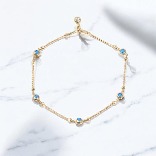 14K Yellow Gold Happy Face Blue Anklet With Zircons / 5gr / 1.4mm / 9in