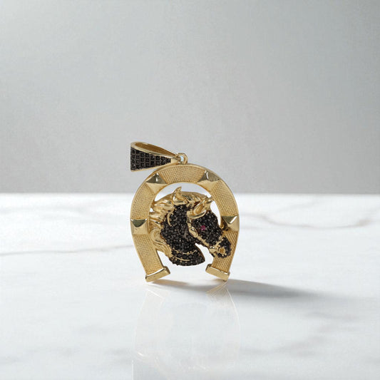 14K YG Horseshoe Pendant / 6.1gr / 1.5in / Black/Fucshia Zircons