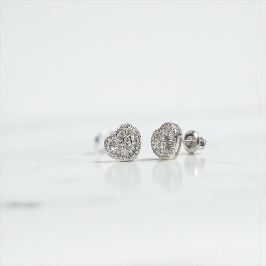 10K WG Diamond Double Little Heart Stud Earrings / 1.62gr / 8mm / D-0.35Ct