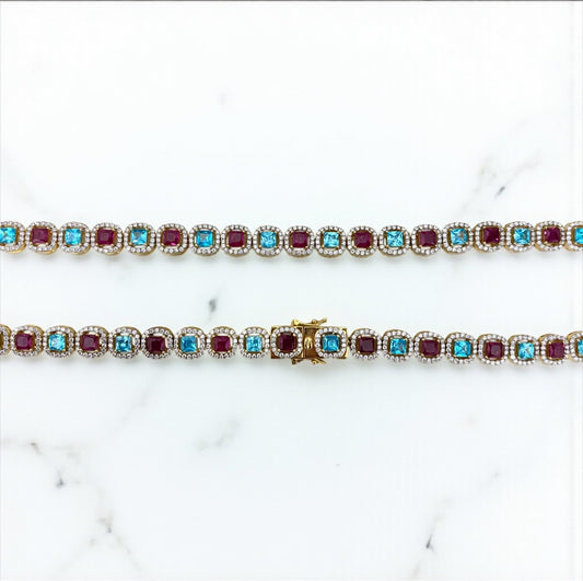 10K Yellow Gold Aquamarine & Pink Studded Chain 7.74 Lab Dia / 62.5gr / 8.2mm / 20in