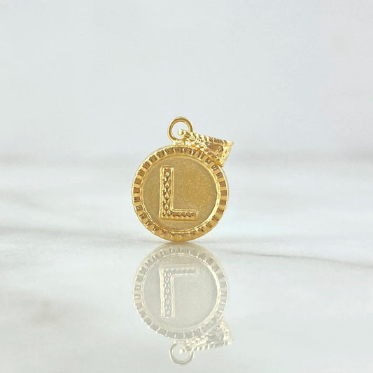 18K Yellow Gold Letter L Mate Pendant Bordered Circle / 0.60gr / 0.3in