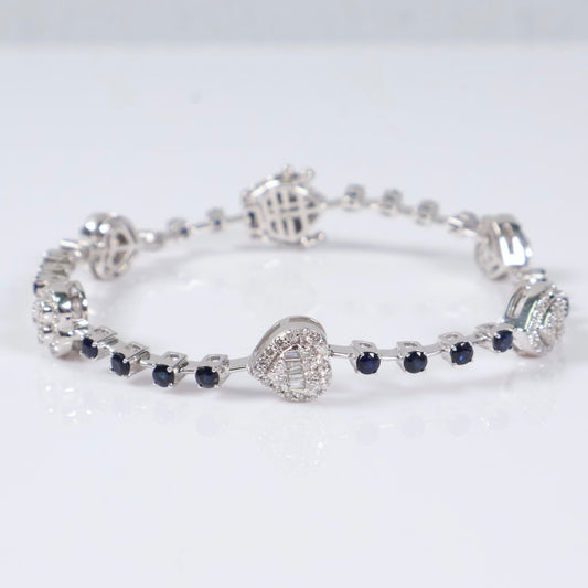 14K WG Diamond Heart With Sapphire Bracelet / 12.2gr / 2.5mm / 7in / 1.15Ct / VS2-SI / G-H / 1.00Ct Sapp