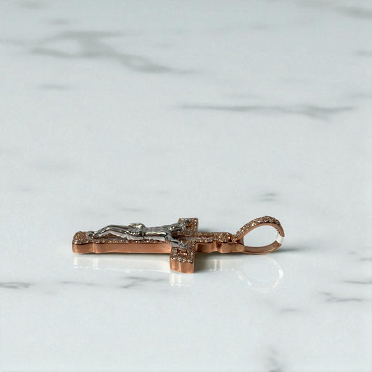 10K Rose-White Gold Diamond Crusifix Pendant 1Ct Dia / 5.4gr / 1.5in