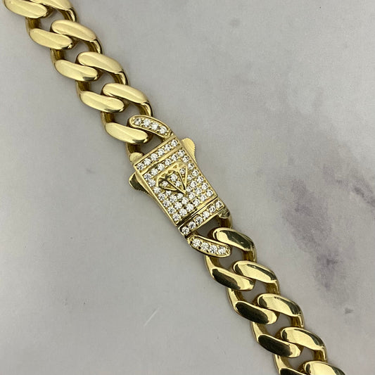 14K Yellow Gold Monaco Cuban Link Chain With Zircons / 23.6gr / 9mm / 16in