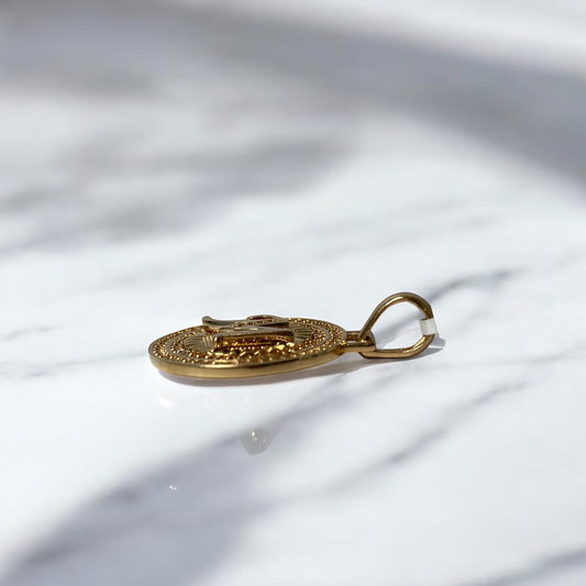 18K Yellow Gold Letter Medal M Pendant With Zircons / 4.6gr / 1.3in