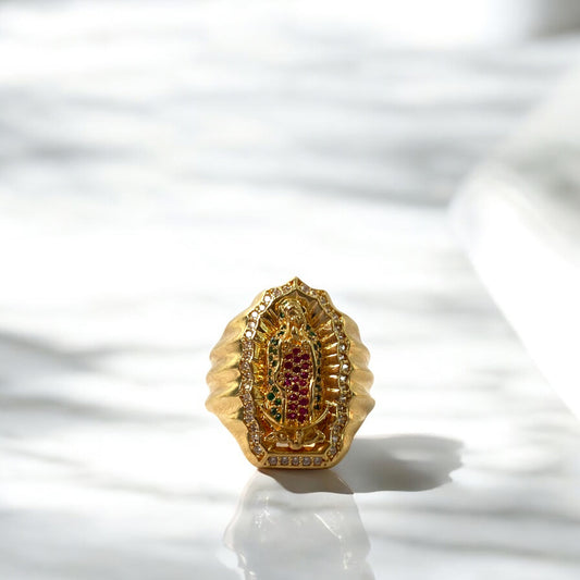 18K Yellow Gold Virgen De Guadalupe Ring With Blue/Pink/White Zircons / 7gr / Size 8.5