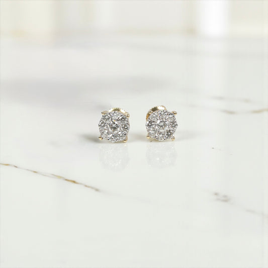 14K YG Diamond Flower Luxury Stud Earrings / 2.32gr / 8mm / D-1Ct