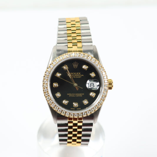 Rolex DateJust Dia Dial - Diamond Bezel Black Face Watch / 36mm
