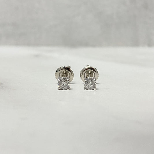 14K White Gold Diamond Solitaire Round Stud Earrings 0.39Ct Dia / 0.77gr / 3mm