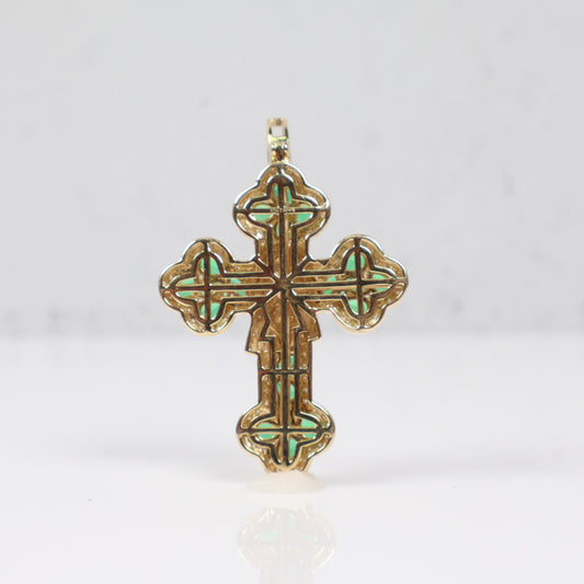 10K YG Diamond Cross - Jesus Face With Emerald Pendant / 9.26gr / 1.7in / D-1.00Ct / E-2.00