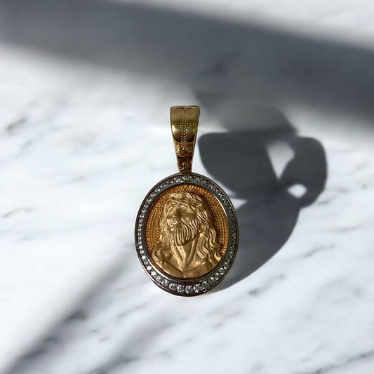 18K Yellow Gold Jesus Pendant With Zircons / 15.7gr