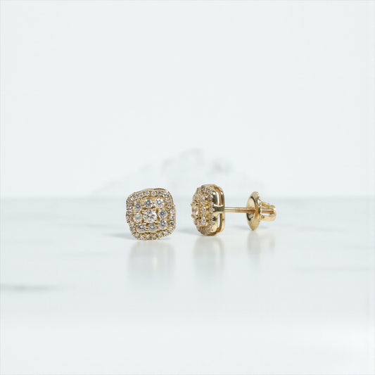 10K YG Diamond Double Square Luxury Stud Earrings / 1.94gr / 8mm / D-0.60Ct