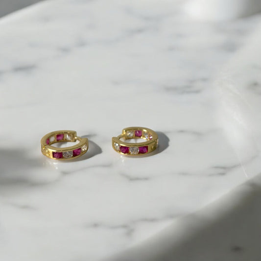 14K Yellow Gold Luxury Redstone Hoop Earrings / 1.3gr