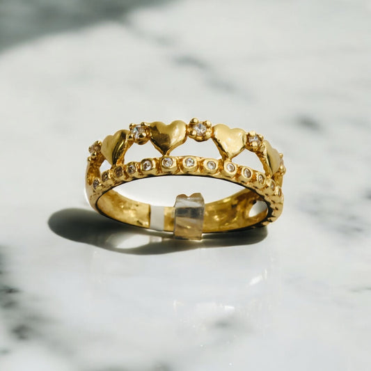 18K Yellow Gold Hearts Ring With Zircons / 2.6gr / Size 7