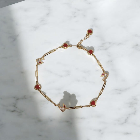 14K YG 0-10 Paper Clip Heart-red / Dolphin Anklet / 5.60gr / 10.5 in /