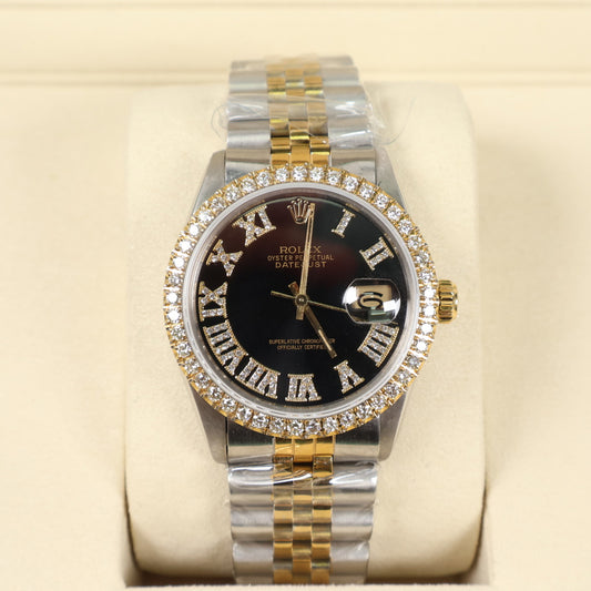 Rolex Datejust Dia Dial Black Face Roman Numbers Diamond Bezel Ref 16013 Watch / 36mm /