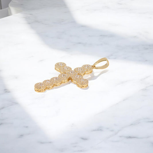 14K YG Big Cross Pendant / 6.3gr / 2.1in / White Zircons