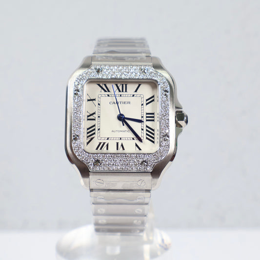 Cartier Santos White Face Lady - Diamond Bezel Watch / 36mm