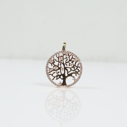 14K YG Round Tree Of Life Pendant / 1.7gr / 1in / White Zircons