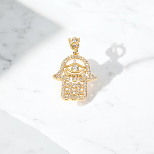 10K YG Hamsa Hand Pendant / 4.7gr / 1.7in / White Zircons