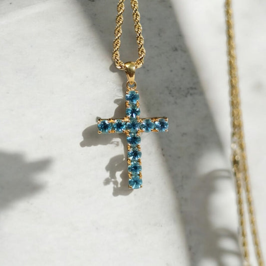 14K YG Cross / Rope Chain Set Jewelry / 14.6Gr / 2.1mm / 22in /